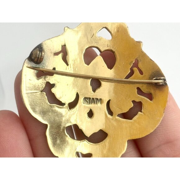 Siam Made Cloissone Gold Toned Black Enamel Ornate Vintage Cutout Brooch Pin - Picture 8 of 10